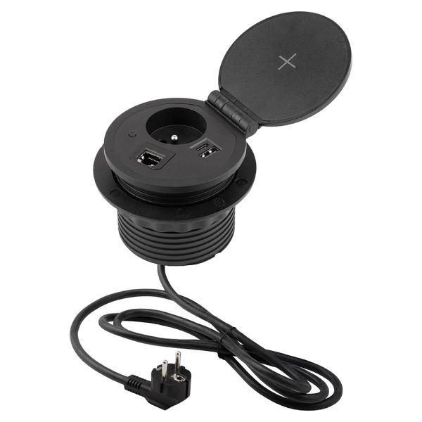 Prise encastrable ronde 1X 230V 1X USB A /C 1X HDMI 1X RJ45 Noir