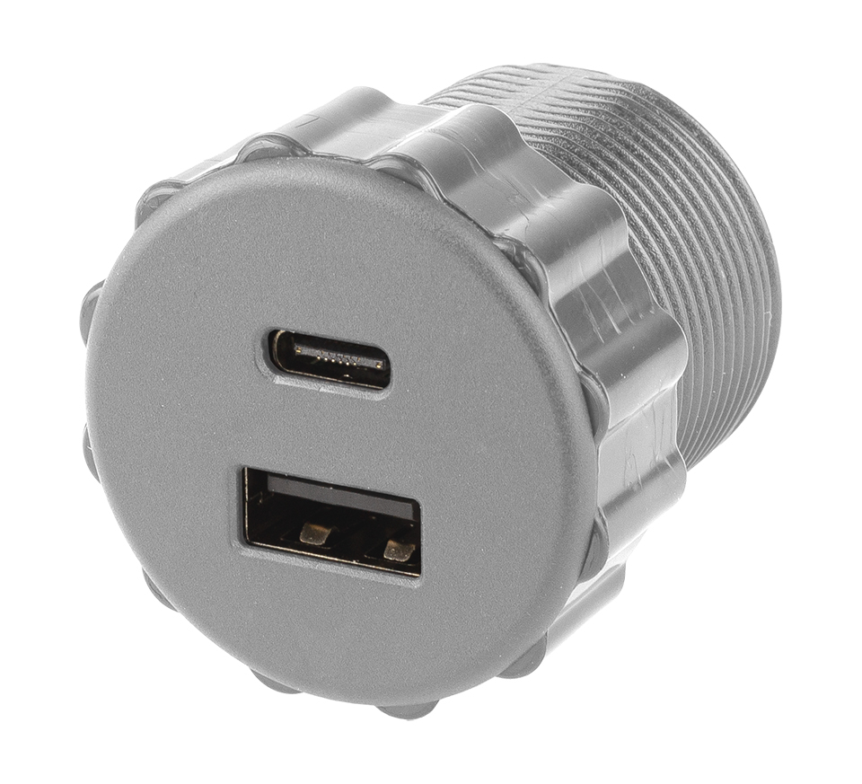 Prise encastrable chargeur 2X USB A diamètre 30 mm gris ral 9006